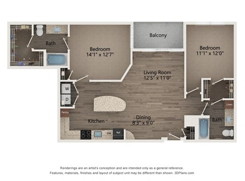 Floor plan for 2 beds, 2 baths, 1142 sqft